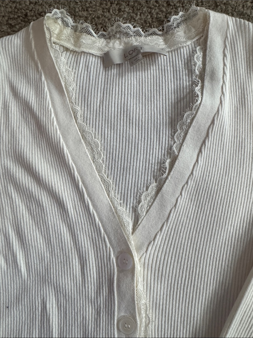LOFT Cream Ribbed Lace-Trim Button Cardigan - Picture 2 of 2